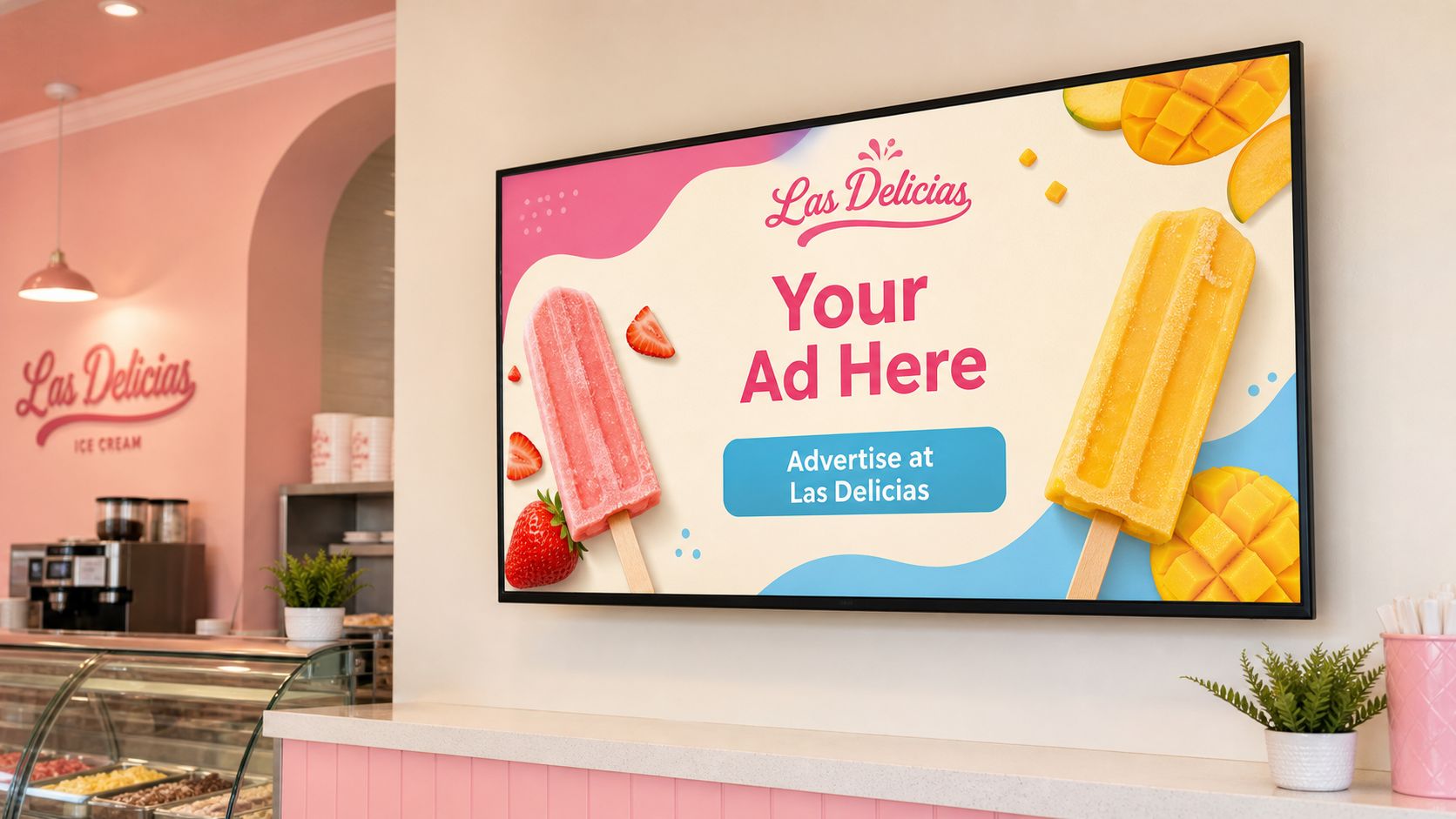 A Las Delicias in-store TV showing a sample advertising screen